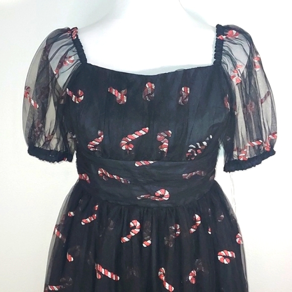 Unique Vintage Black Glitter Sheer Mesh Candy Cane Babydoll Dress Size S/4 NWT - Picture 6 of 16